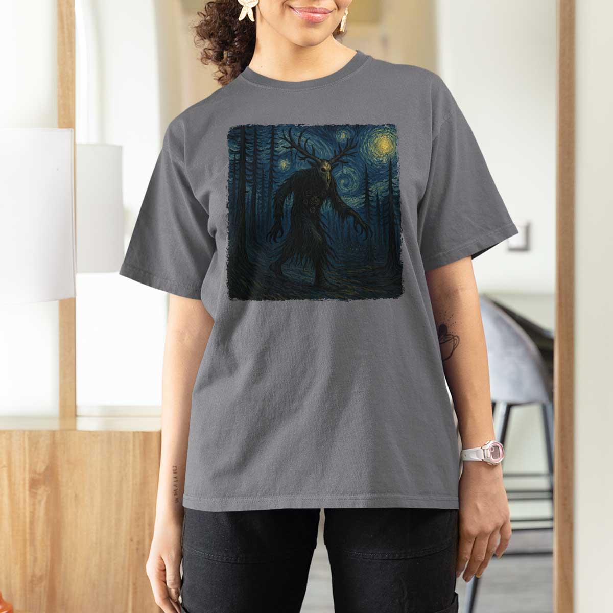 Wendigo Starry Night T Shirt For Women Van Gogh Dark Fantasy Cryptid Lovers - Wonder Print Shop