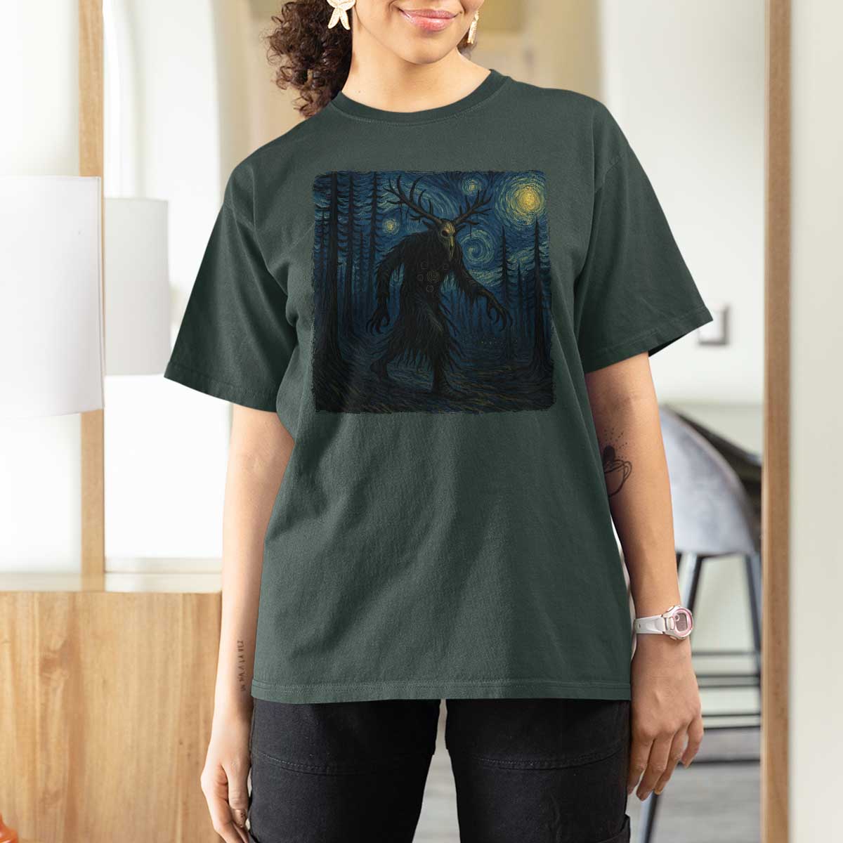 Wendigo Starry Night T Shirt For Women Van Gogh Dark Fantasy Cryptid Lovers - Wonder Print Shop