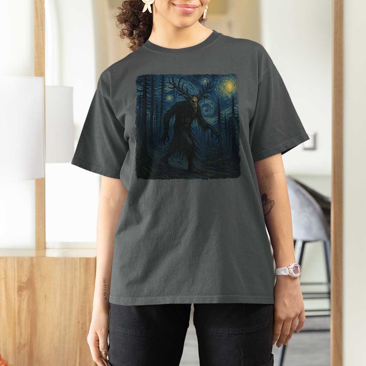 Wendigo Starry Night T Shirt For Women Van Gogh Dark Fantasy Cryptid Lovers - Wonder Print Shop