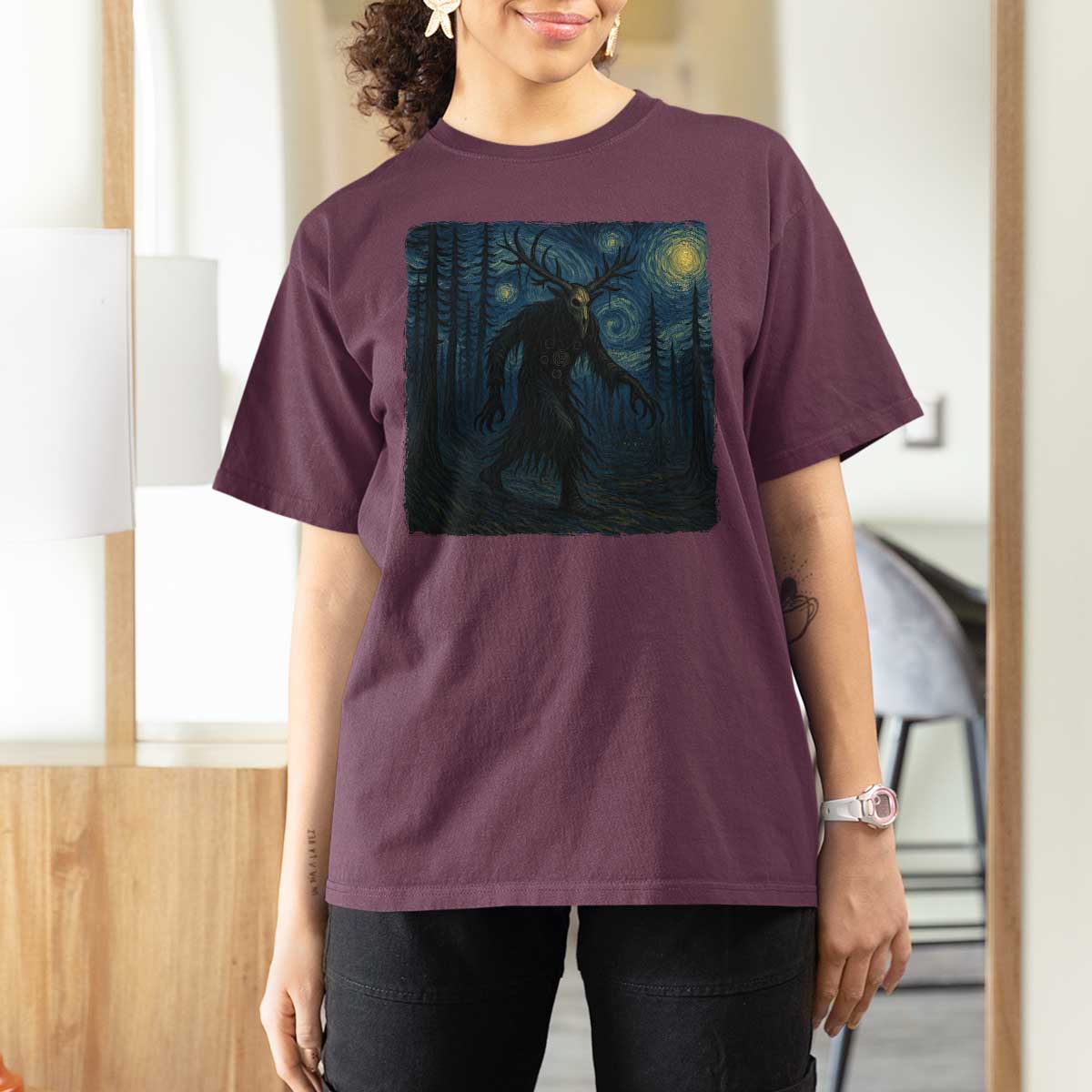 Wendigo Starry Night T Shirt For Women Van Gogh Dark Fantasy Cryptid Lovers - Wonder Print Shop