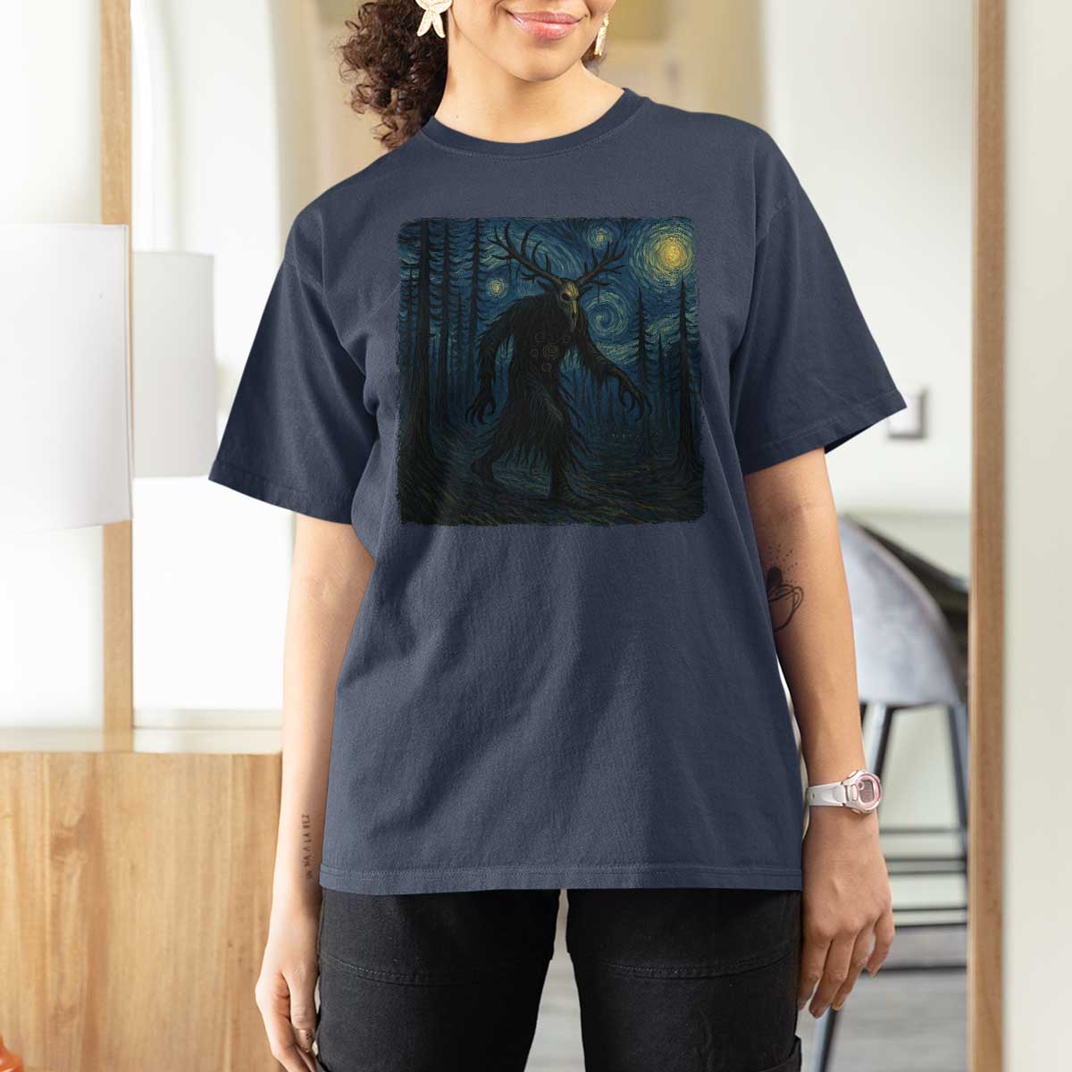 Wendigo Starry Night T Shirt For Women Van Gogh Dark Fantasy Cryptid Lovers - Wonder Print Shop