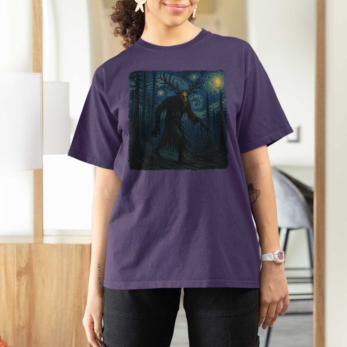 Wendigo Starry Night T Shirt For Women Van Gogh Dark Fantasy Cryptid Lovers - Wonder Print Shop