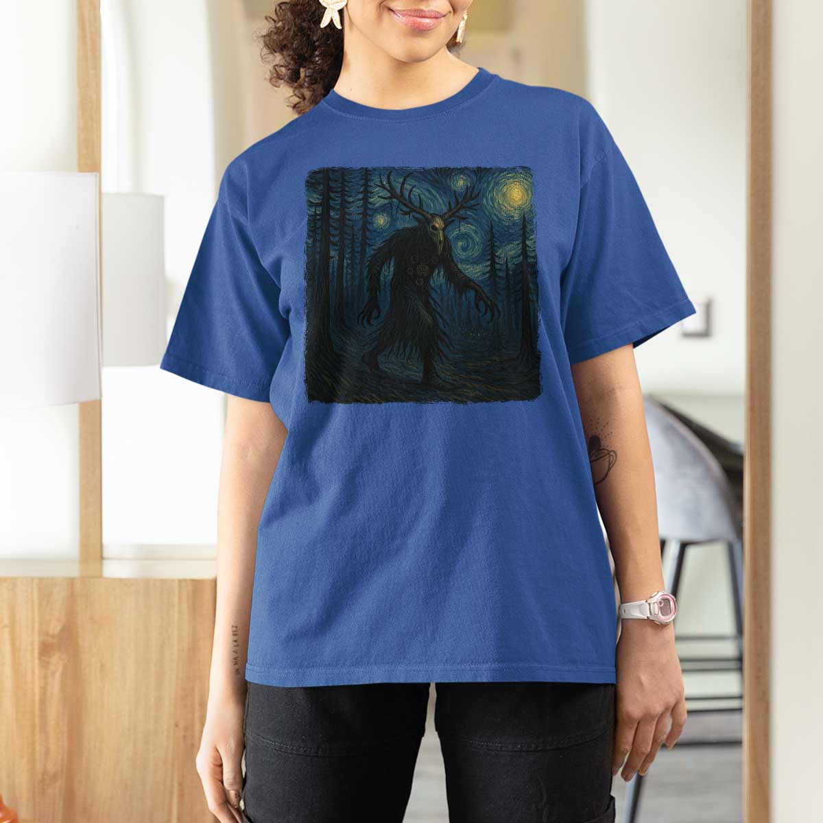 Wendigo Starry Night T Shirt For Women Van Gogh Dark Fantasy Cryptid Lovers - Wonder Print Shop