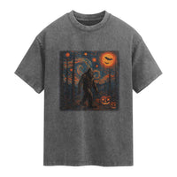 Bigfoot Starry Night Washed Cotton T-Shirt Funny Halloween Van Gogh Sasquatch Lovers