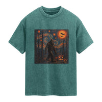 Bigfoot Starry Night Washed Cotton T-Shirt Funny Halloween Van Gogh Sasquatch Lovers