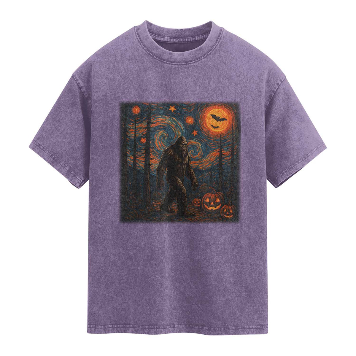 Bigfoot Starry Night Washed Cotton T-Shirt Funny Halloween Van Gogh Sasquatch Lovers