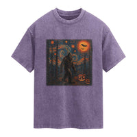Bigfoot Starry Night Washed Cotton T-Shirt Funny Halloween Van Gogh Sasquatch Lovers