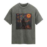 Bigfoot Starry Night Washed Cotton T-Shirt Funny Halloween Van Gogh Sasquatch Lovers