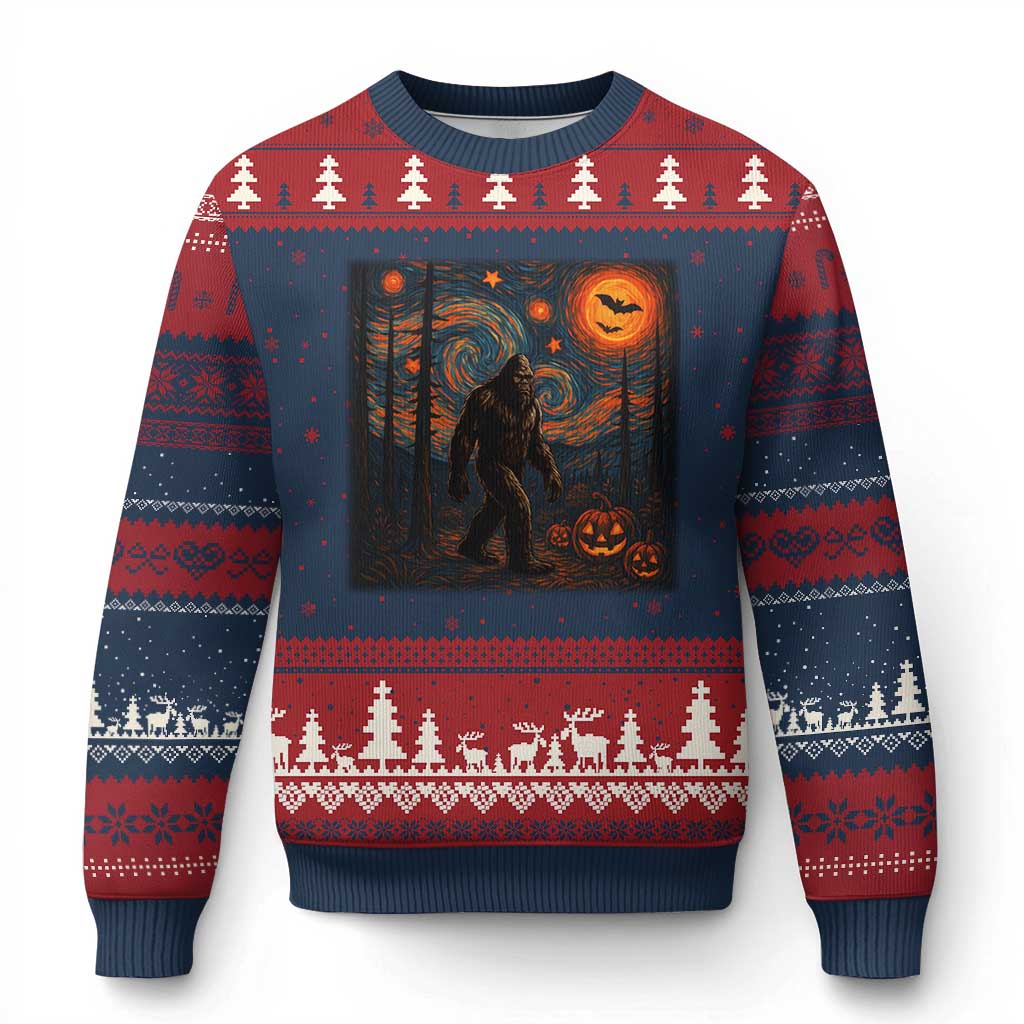 Bigfoot Starry Night Ugly Christmas Sweater Funny Halloween Van Gogh Sasquatch Lovers - Wonder Print Shop