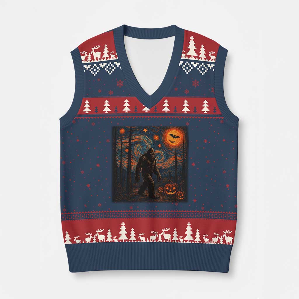 Bigfoot Starry Night V-Neck Knit Sweater Vest Funny Halloween Van Gogh Sasquatch Lovers - Wonder Print Shop