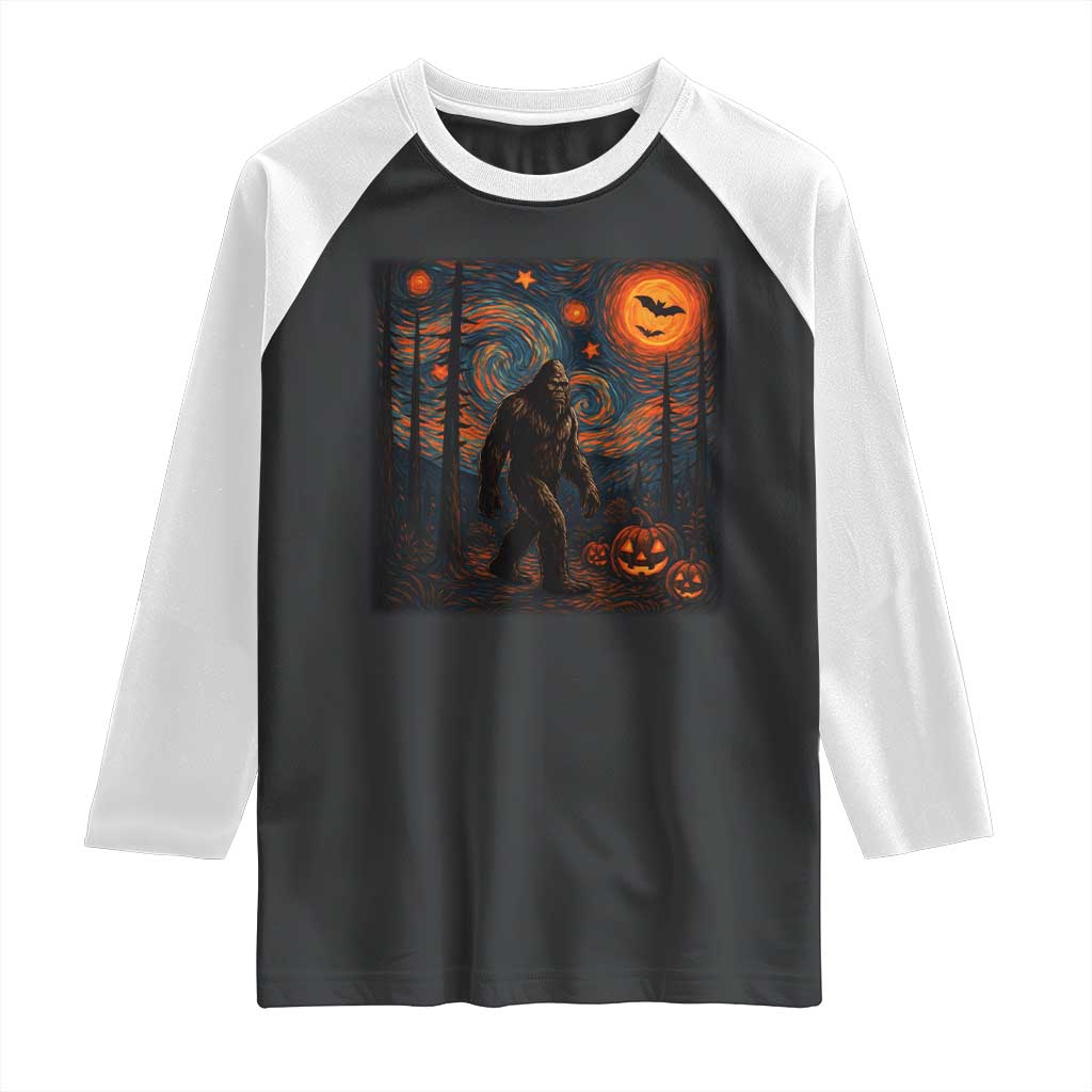 Bigfoot Starry Night Raglan Shirt Funny Halloween Van Gogh Sasquatch Lovers - Wonder Print Shop