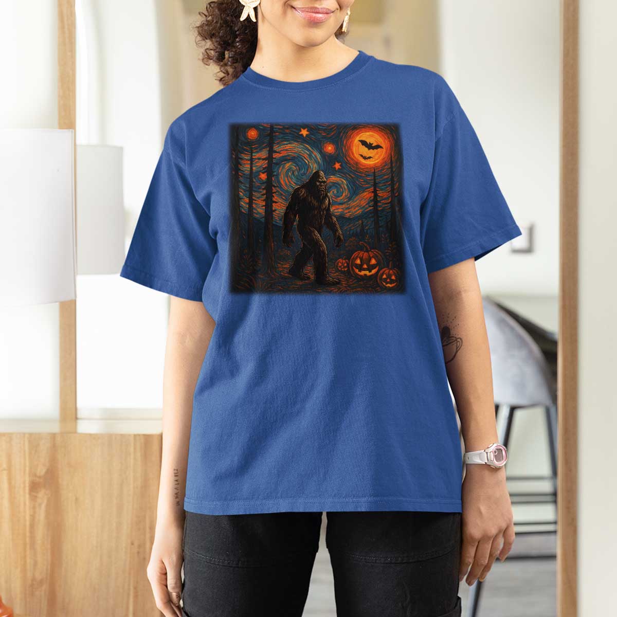 Bigfoot Starry Night T Shirt For Women Funny Halloween Van Gogh Sasquatch Lovers - Wonder Print Shop