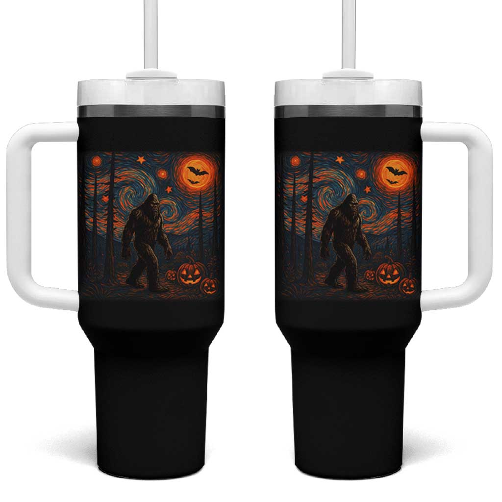 Bigfoot Starry Night Tumbler With Handle Funny Halloween Van Gogh Sasquatch Lovers - Wonder Print Shop