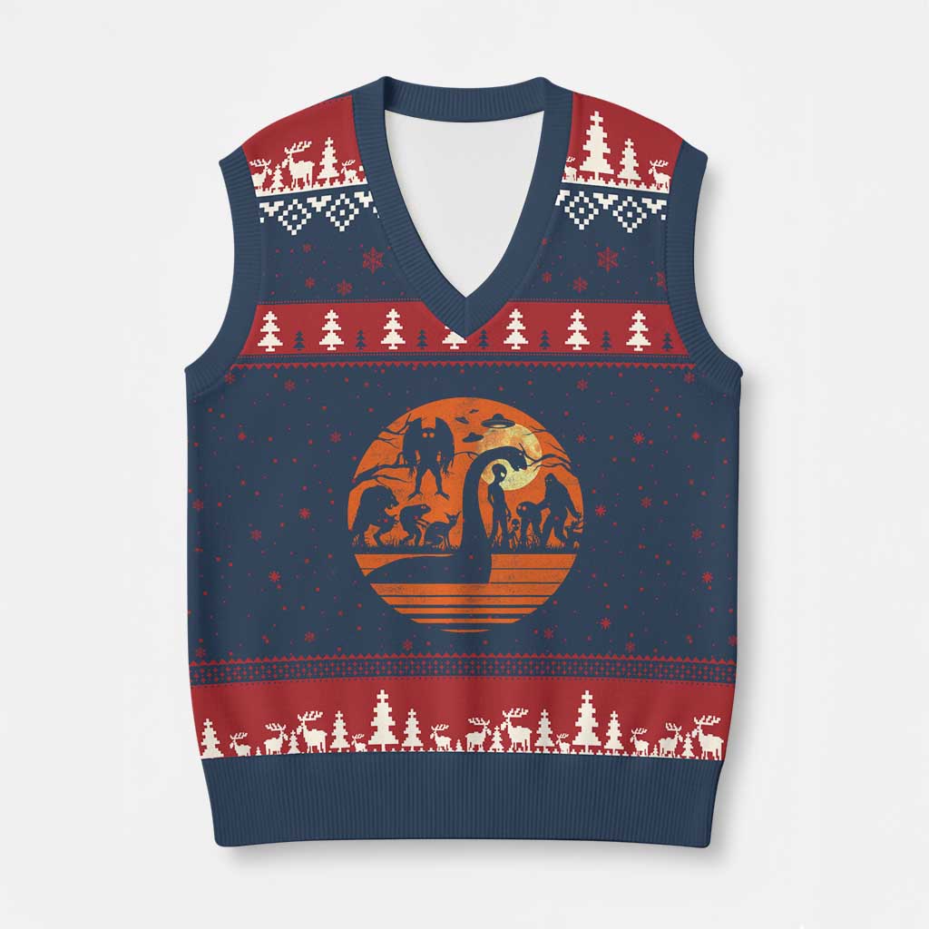 Cryptid Monsters V-Neck Knit Sweater Vest Bigfoot Loch Ness Monster Mothman Aliens Weirdcore Folk Horror