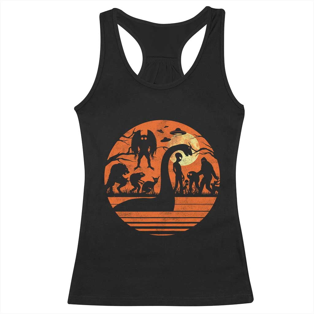 Cryptid Monsters Racerback Tank Top Bigfoot Loch Ness Monster Mothman Aliens Weirdcore Folk Horror