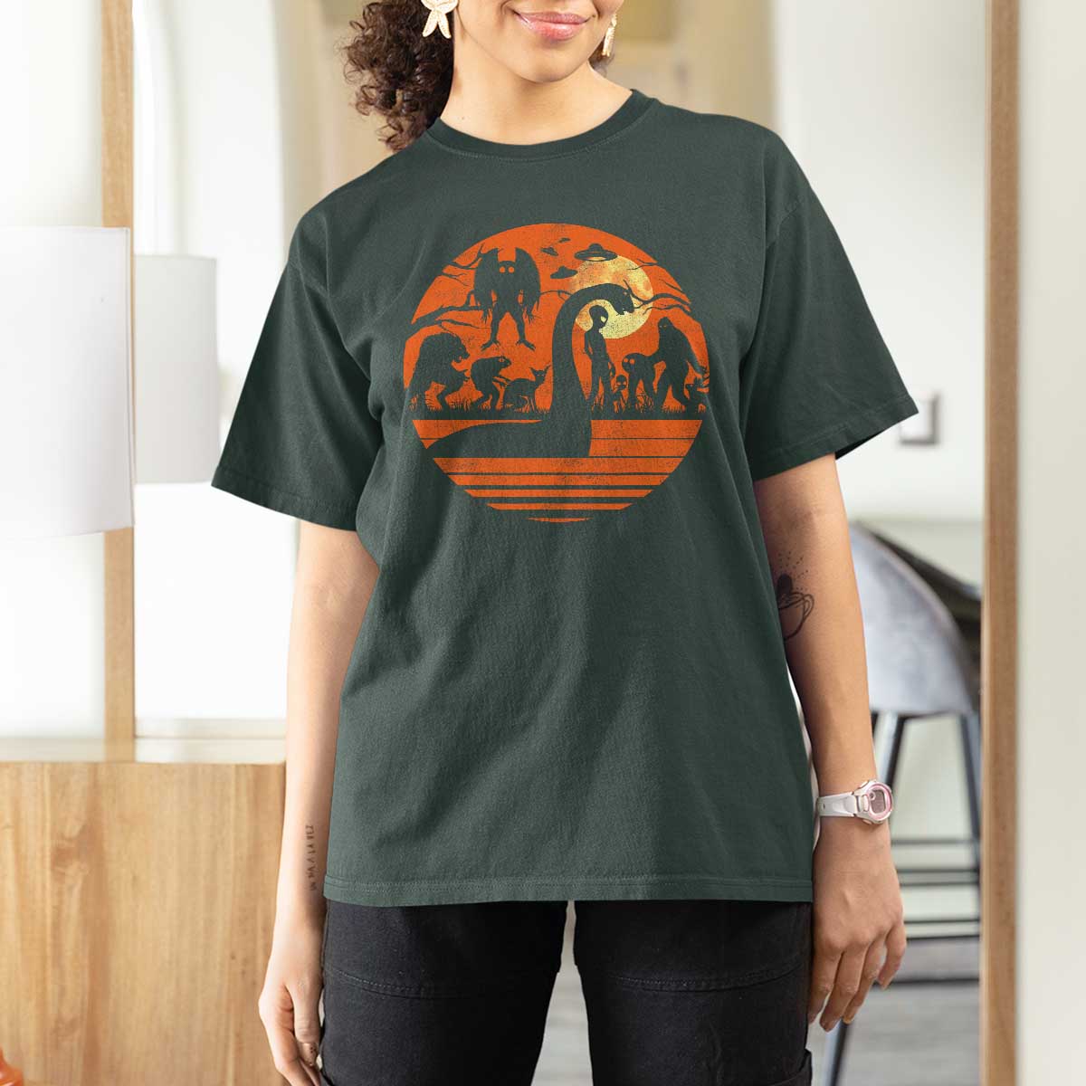 Cryptid Monsters T Shirt For Women Bigfoot Loch Ness Monster Mothman Aliens Weirdcore Folk Horror