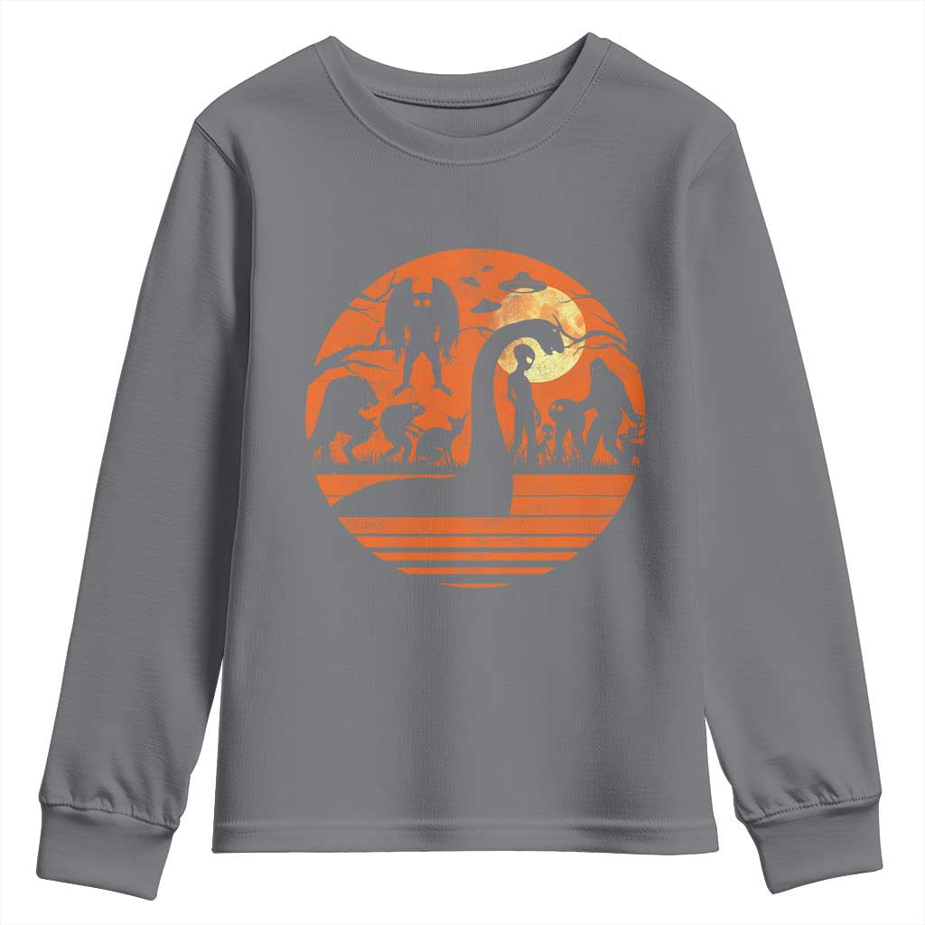 Cryptid Monsters Youth Sweatshirt Bigfoot Loch Ness Monster Mothman Aliens Weirdcore Folk Horror