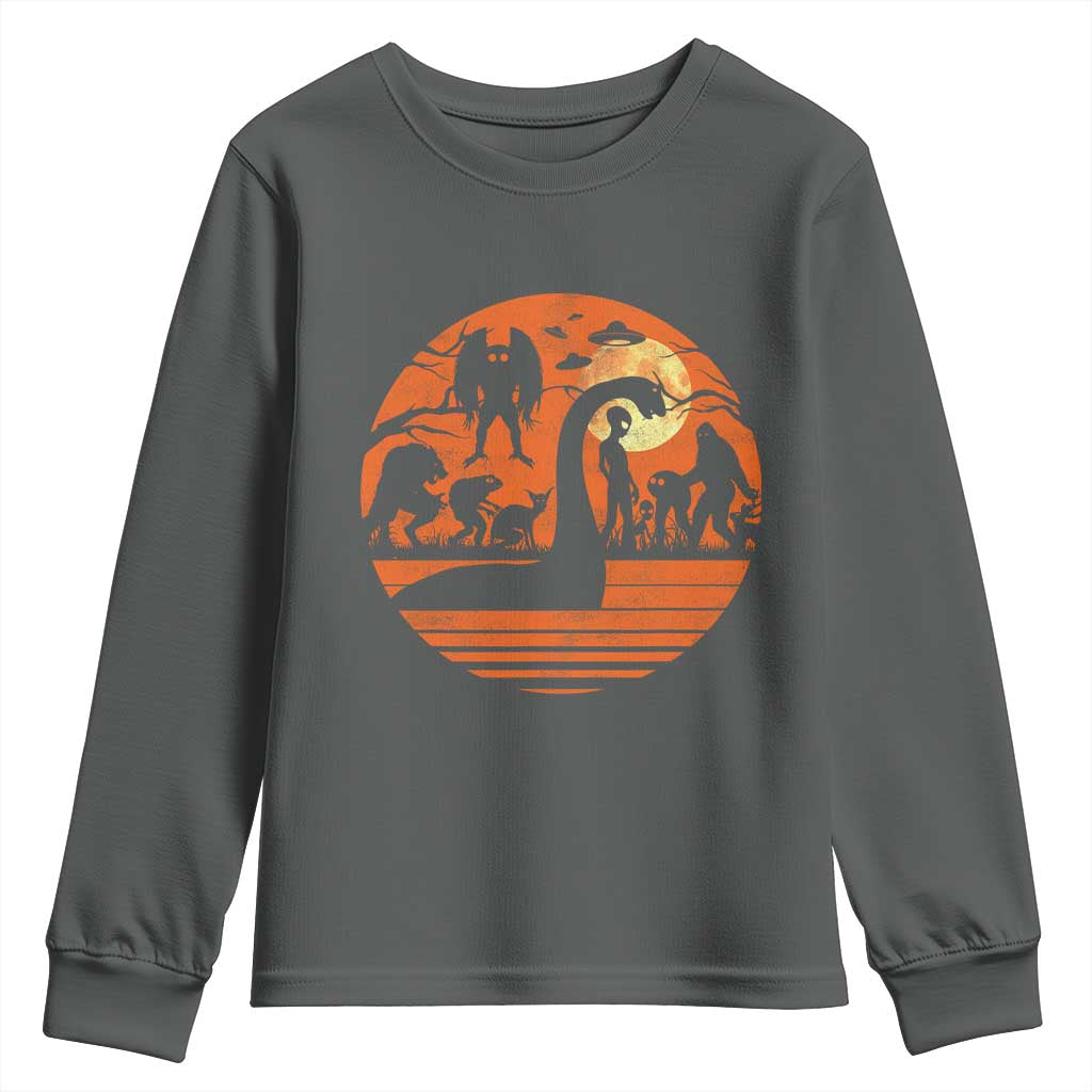 Cryptid Monsters Youth Sweatshirt Bigfoot Loch Ness Monster Mothman Aliens Weirdcore Folk Horror