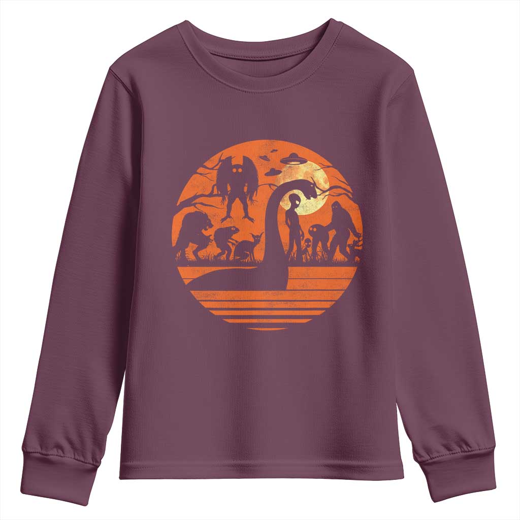 Cryptid Monsters Youth Sweatshirt Bigfoot Loch Ness Monster Mothman Aliens Weirdcore Folk Horror