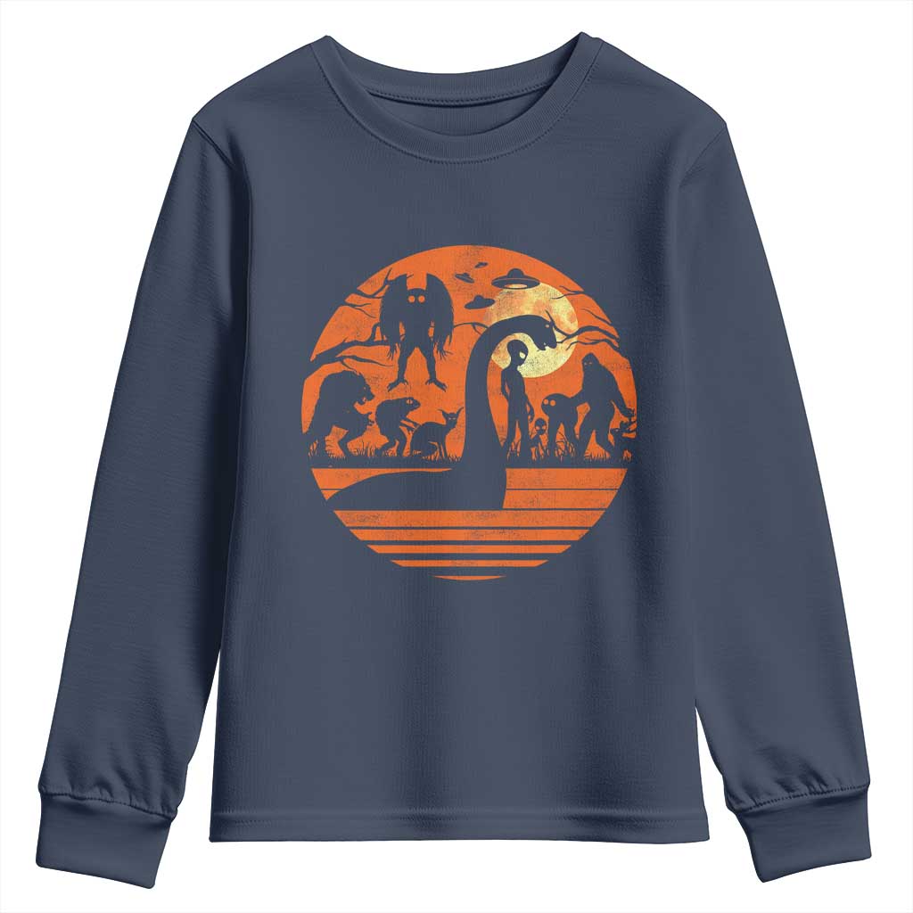 Cryptid Monsters Youth Sweatshirt Bigfoot Loch Ness Monster Mothman Aliens Weirdcore Folk Horror