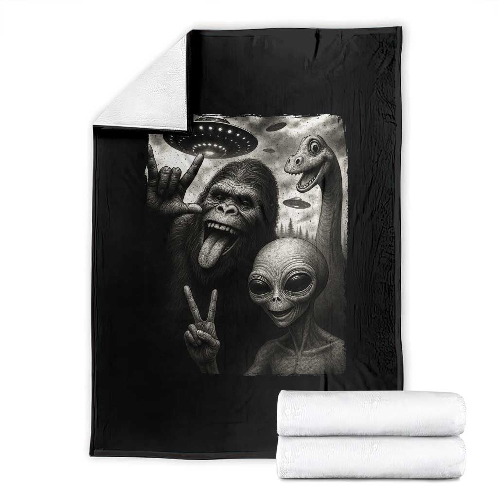 Bigfoot Alien Loch Ness Monster Throw Blanket Funny Cryptid UFO Selfie Sasquatch Rock On - Wonder Print Shop