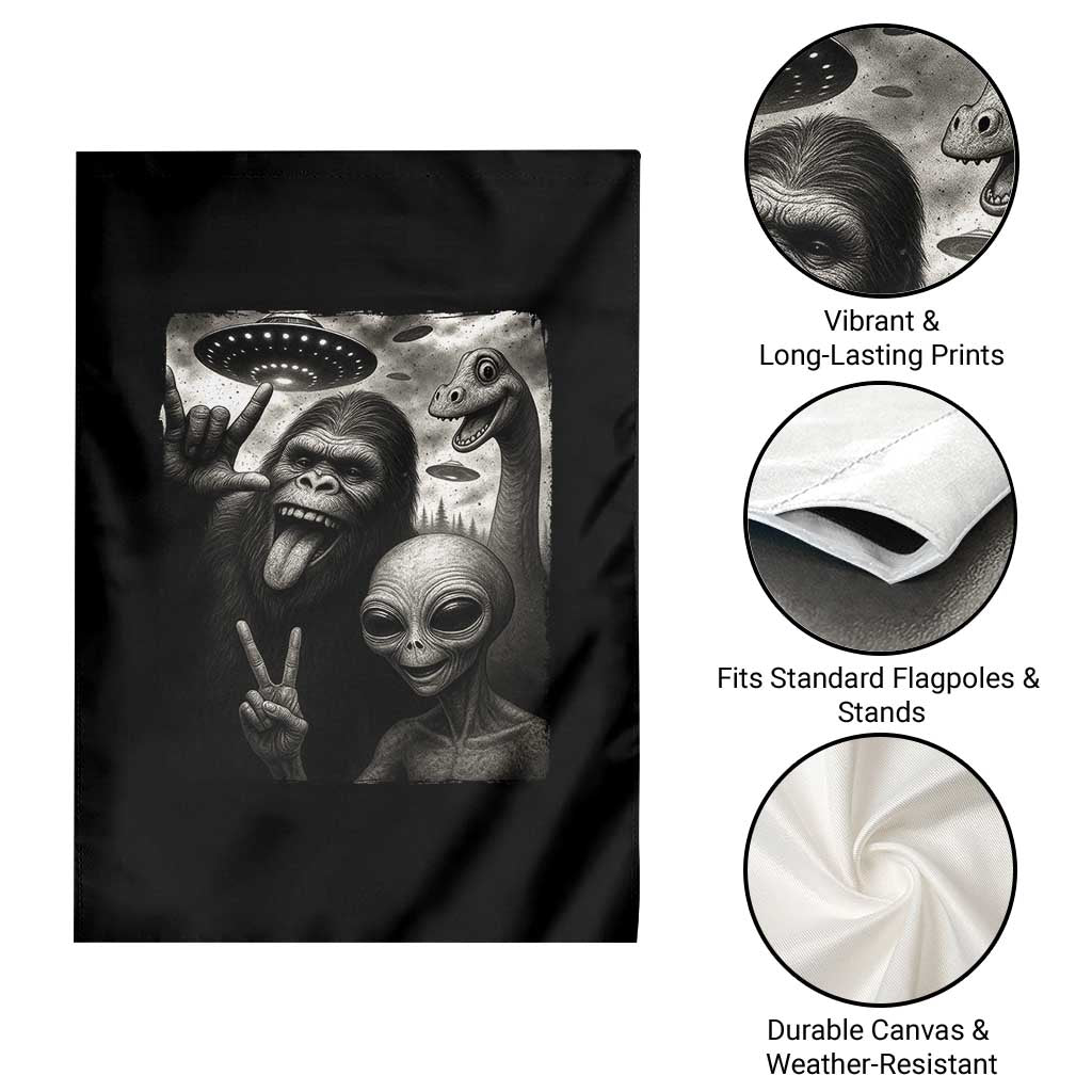 Bigfoot Alien Loch Ness Monster Garden Flag Funny Cryptid UFO Selfie Sasquatch Rock On - Wonder Print Shop