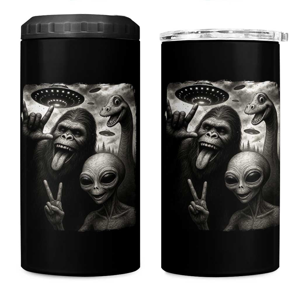 Bigfoot Alien Loch Ness Monster 4 in 1 Can Cooler Tumbler Funny Cryptid UFO Selfie Sasquatch Rock On - Wonder Print Shop
