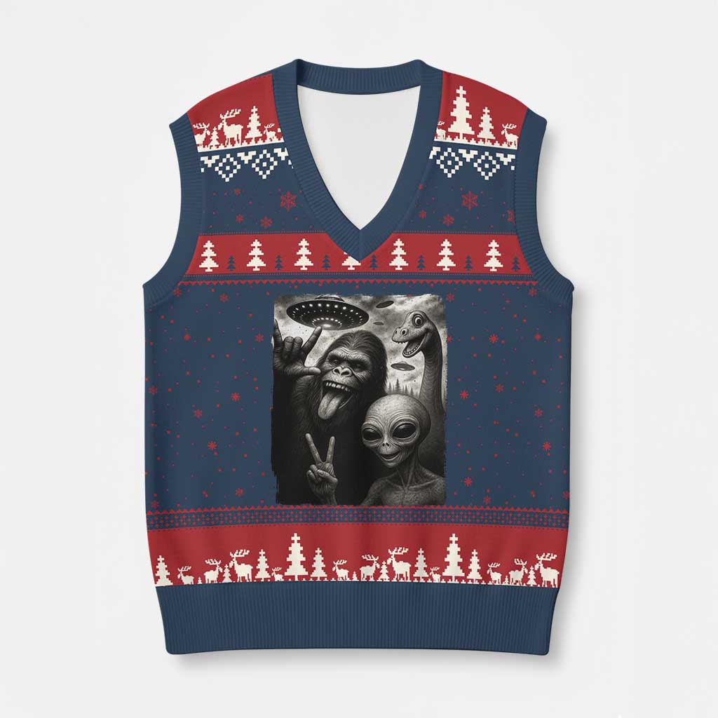 Bigfoot Alien Loch Ness Monster V-Neck Knit Sweater Vest Funny Cryptid UFO Selfie Sasquatch Rock On - Wonder Print Shop