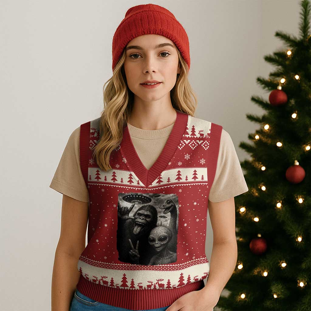 Bigfoot Alien Loch Ness Monster V-Neck Knit Sweater Vest Funny Cryptid UFO Selfie Sasquatch Rock On - Wonder Print Shop