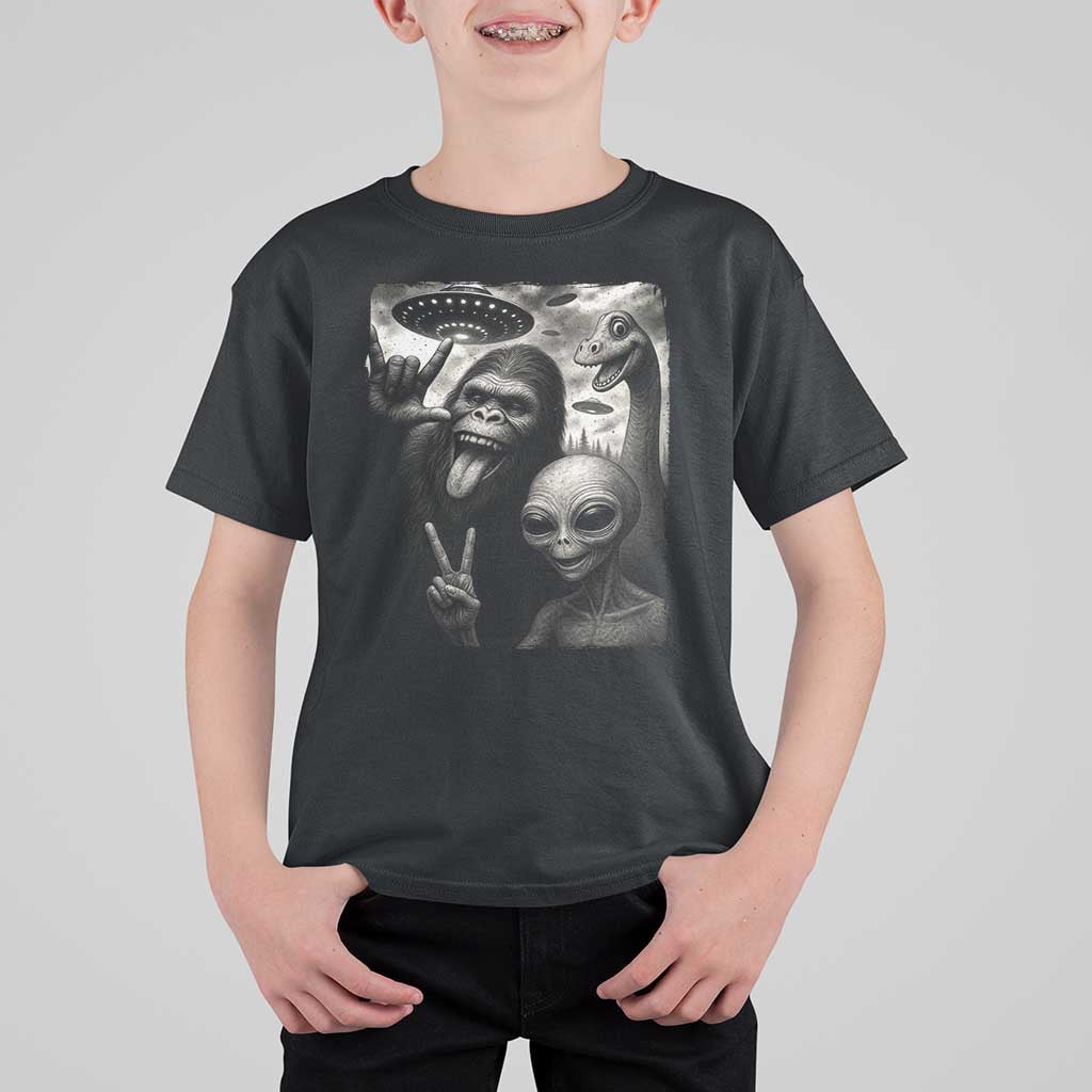 Bigfoot Alien Loch Ness Monster T Shirt For Kid Funny Cryptid UFO Selfie Sasquatch Rock On - Wonder Print Shop