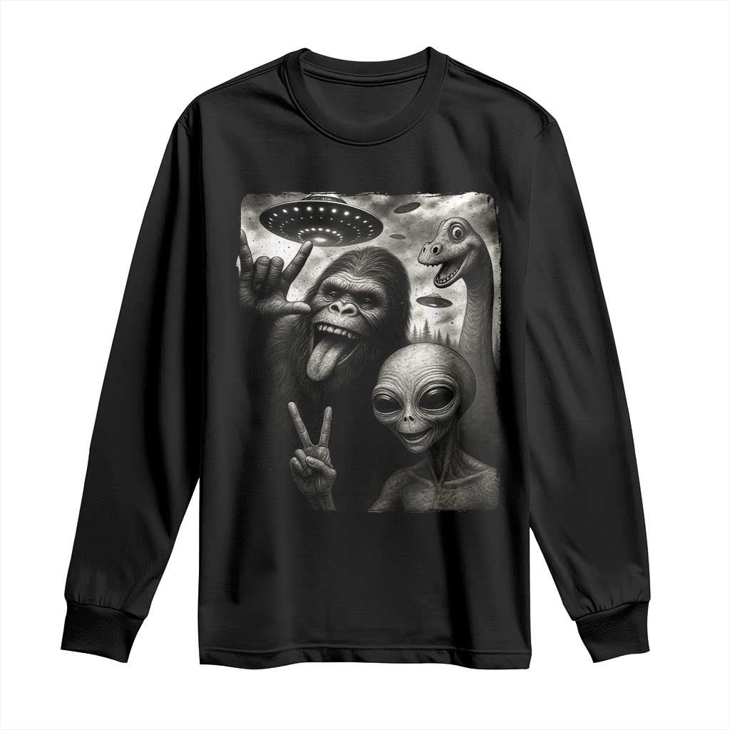 Bigfoot Alien Loch Ness Monster Long Sleeve Shirt Funny Cryptid UFO Selfie Sasquatch Rock On - Wonder Print Shop