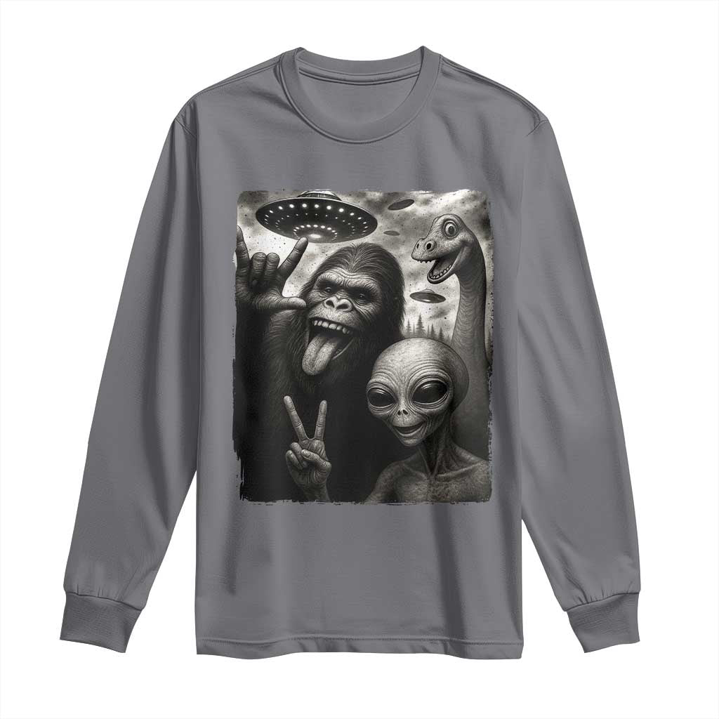 Bigfoot Alien Loch Ness Monster Long Sleeve Shirt Funny Cryptid UFO Selfie Sasquatch Rock On - Wonder Print Shop