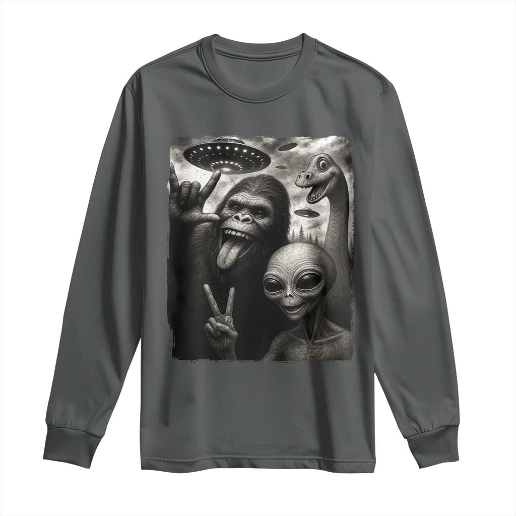 Bigfoot Alien Loch Ness Monster Long Sleeve Shirt Funny Cryptid UFO Selfie Sasquatch Rock On - Wonder Print Shop