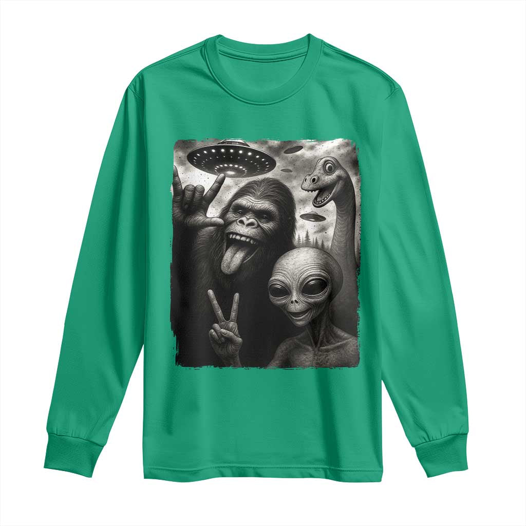 Bigfoot Alien Loch Ness Monster Long Sleeve Shirt Funny Cryptid UFO Selfie Sasquatch Rock On - Wonder Print Shop