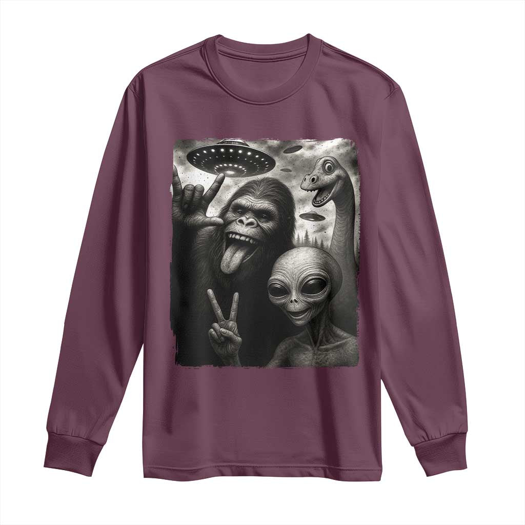 Bigfoot Alien Loch Ness Monster Long Sleeve Shirt Funny Cryptid UFO Selfie Sasquatch Rock On - Wonder Print Shop