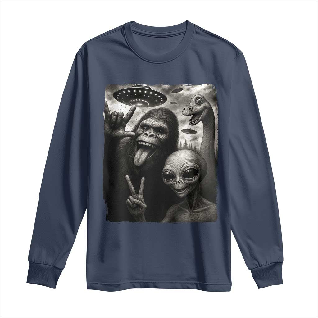 Bigfoot Alien Loch Ness Monster Long Sleeve Shirt Funny Cryptid UFO Selfie Sasquatch Rock On - Wonder Print Shop