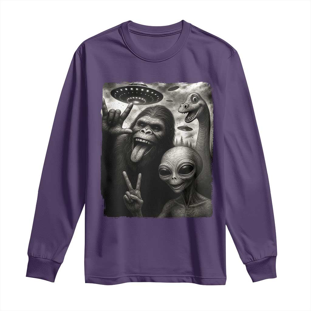 Bigfoot Alien Loch Ness Monster Long Sleeve Shirt Funny Cryptid UFO Selfie Sasquatch Rock On - Wonder Print Shop