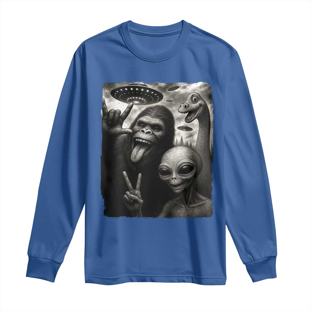 Bigfoot Alien Loch Ness Monster Long Sleeve Shirt Funny Cryptid UFO Selfie Sasquatch Rock On - Wonder Print Shop