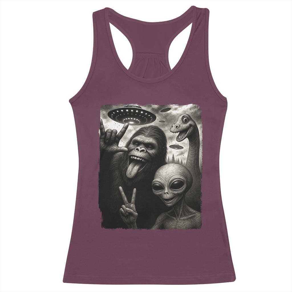 Bigfoot Alien Loch Ness Monster Racerback Tank Top Funny Cryptid UFO Selfie Sasquatch Rock On - Wonder Print Shop