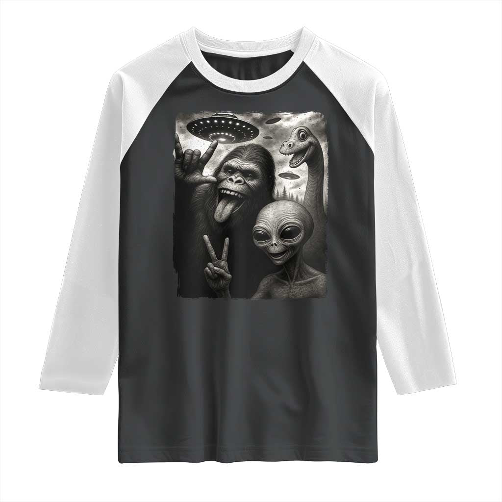 Bigfoot Alien Loch Ness Monster Raglan Shirt Funny Cryptid UFO Selfie Sasquatch Rock On - Wonder Print Shop