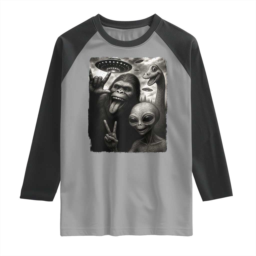 Bigfoot Alien Loch Ness Monster Raglan Shirt Funny Cryptid UFO Selfie Sasquatch Rock On - Wonder Print Shop