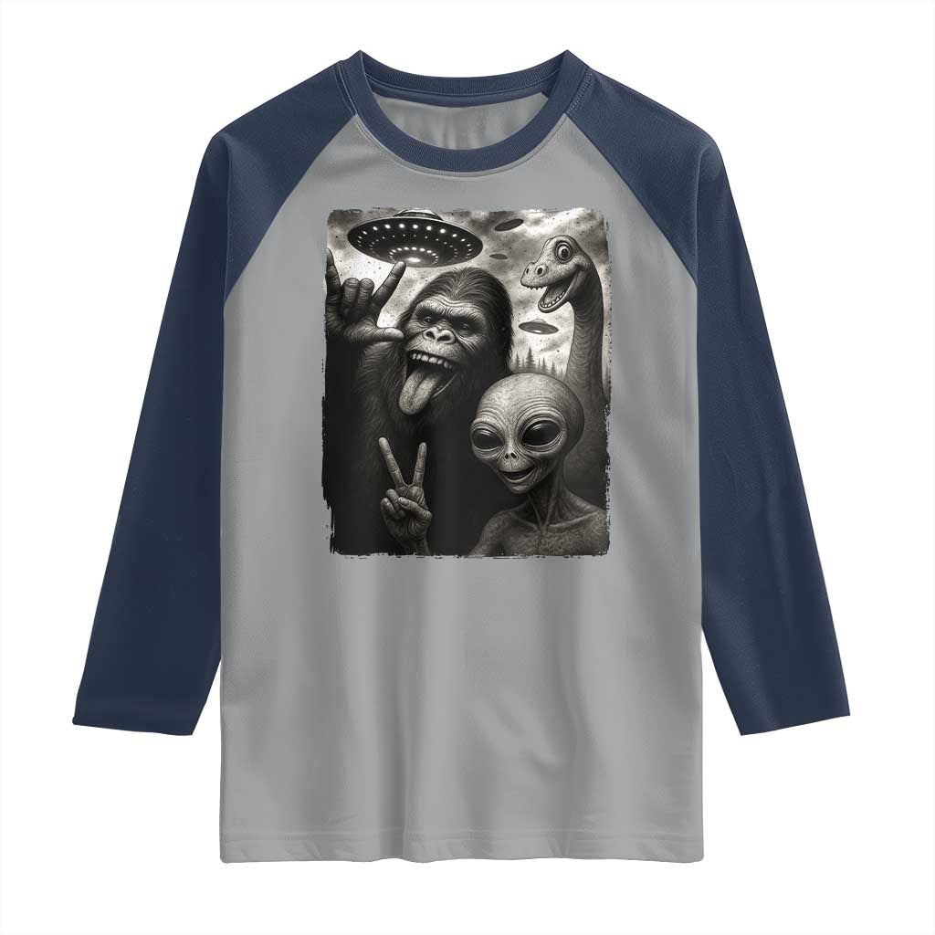 Bigfoot Alien Loch Ness Monster Raglan Shirt Funny Cryptid UFO Selfie Sasquatch Rock On - Wonder Print Shop