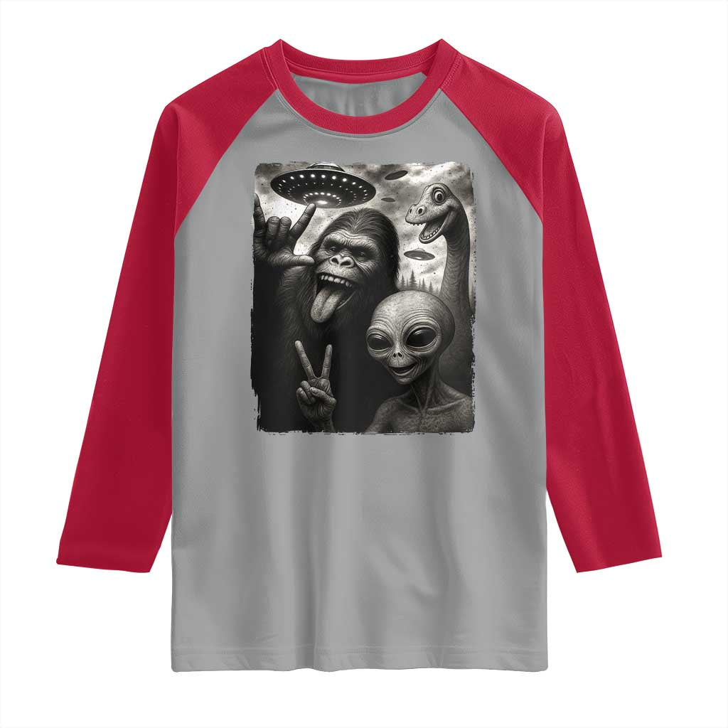 Bigfoot Alien Loch Ness Monster Raglan Shirt Funny Cryptid UFO Selfie Sasquatch Rock On - Wonder Print Shop