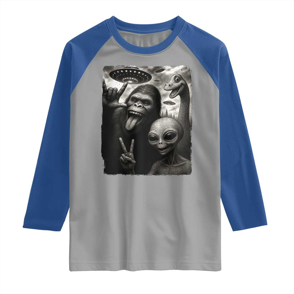 Bigfoot Alien Loch Ness Monster Raglan Shirt Funny Cryptid UFO Selfie Sasquatch Rock On - Wonder Print Shop