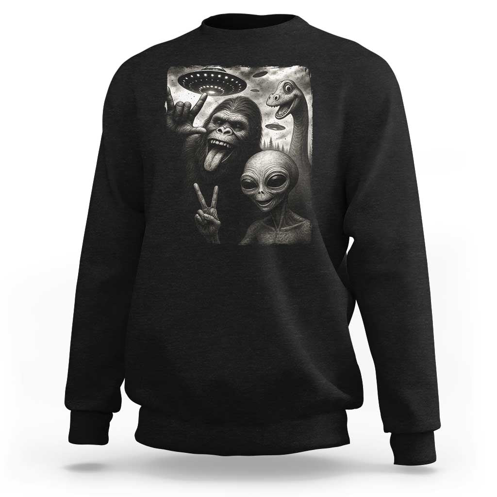 Bigfoot Alien Loch Ness Monster Sweatshirt Funny Cryptid UFO Selfie Sasquatch Rock On - Wonder Print Shop
