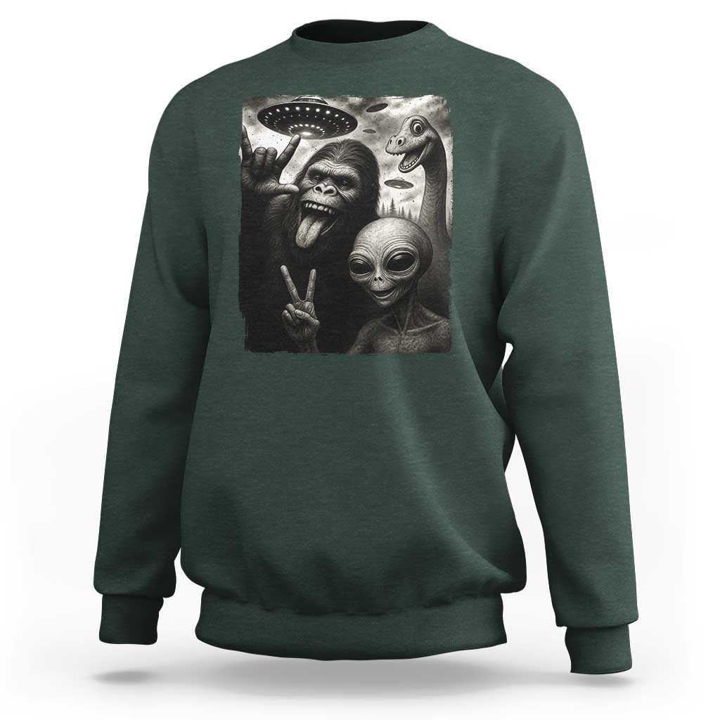 Bigfoot Alien Loch Ness Monster Sweatshirt Funny Cryptid UFO Selfie Sasquatch Rock On - Wonder Print Shop
