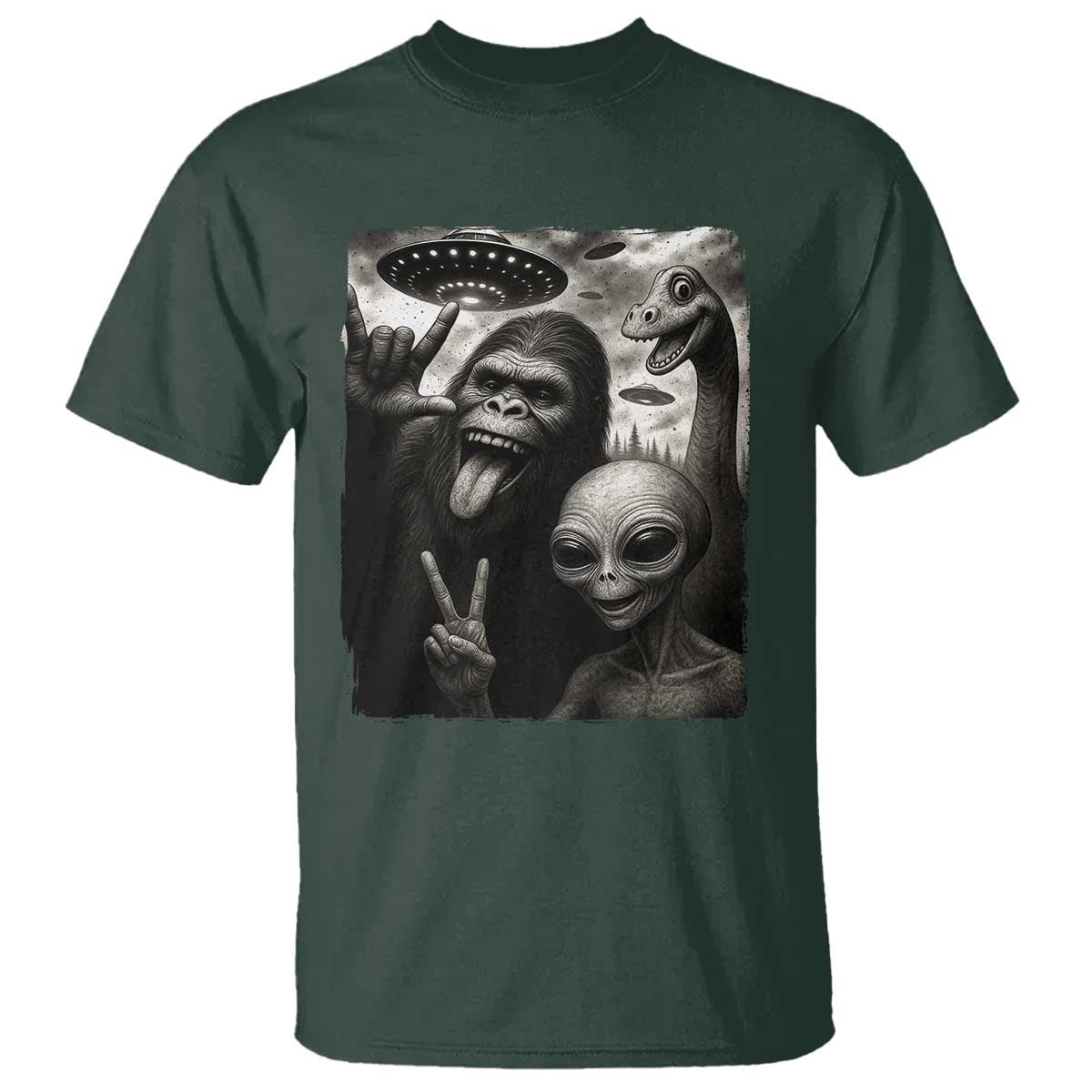 Bigfoot Alien Loch Ness Monster T Shirt Funny Cryptid UFO Selfie Sasquatch Rock On - Wonder Print Shop