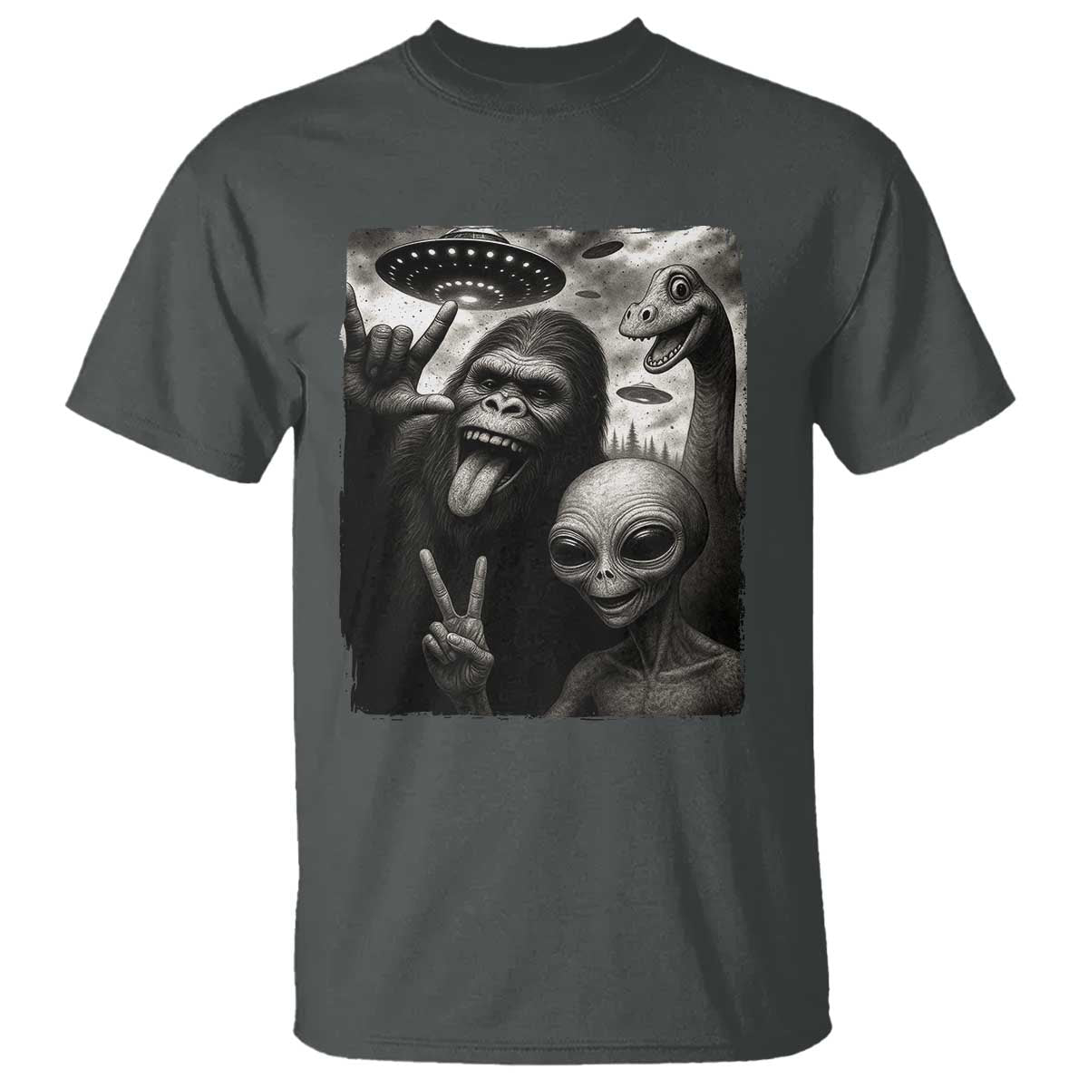 Bigfoot Alien Loch Ness Monster T Shirt Funny Cryptid UFO Selfie Sasquatch Rock On - Wonder Print Shop
