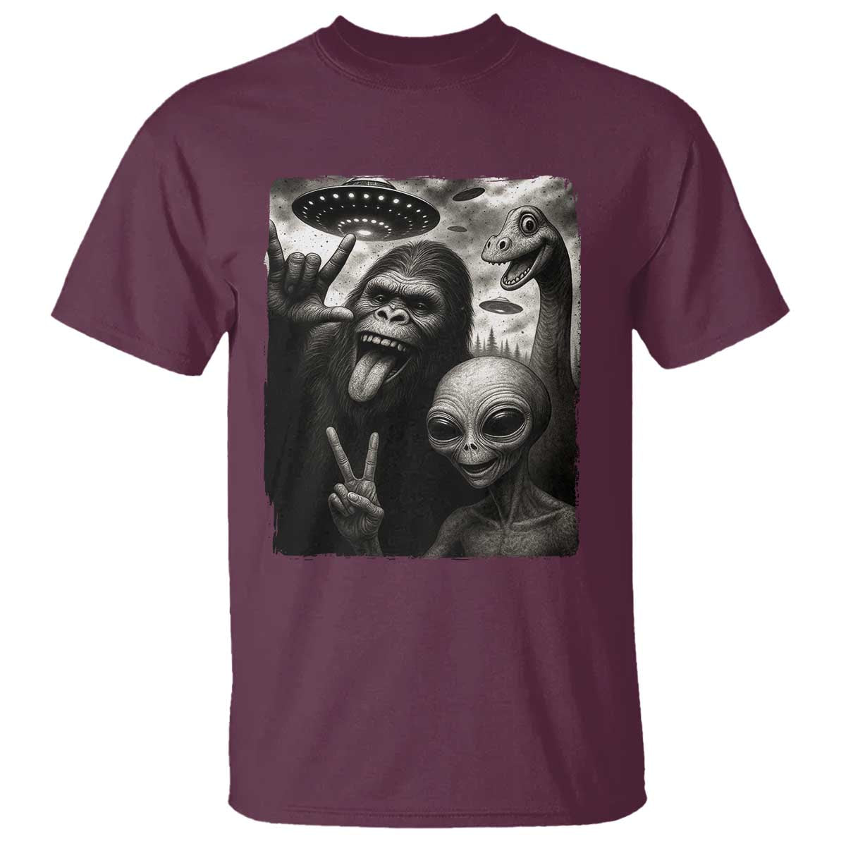 Bigfoot Alien Loch Ness Monster T Shirt Funny Cryptid UFO Selfie Sasquatch Rock On - Wonder Print Shop
