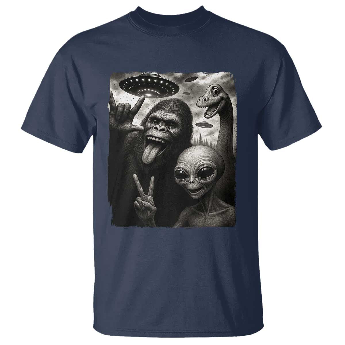 Bigfoot Alien Loch Ness Monster T Shirt Funny Cryptid UFO Selfie Sasquatch Rock On - Wonder Print Shop